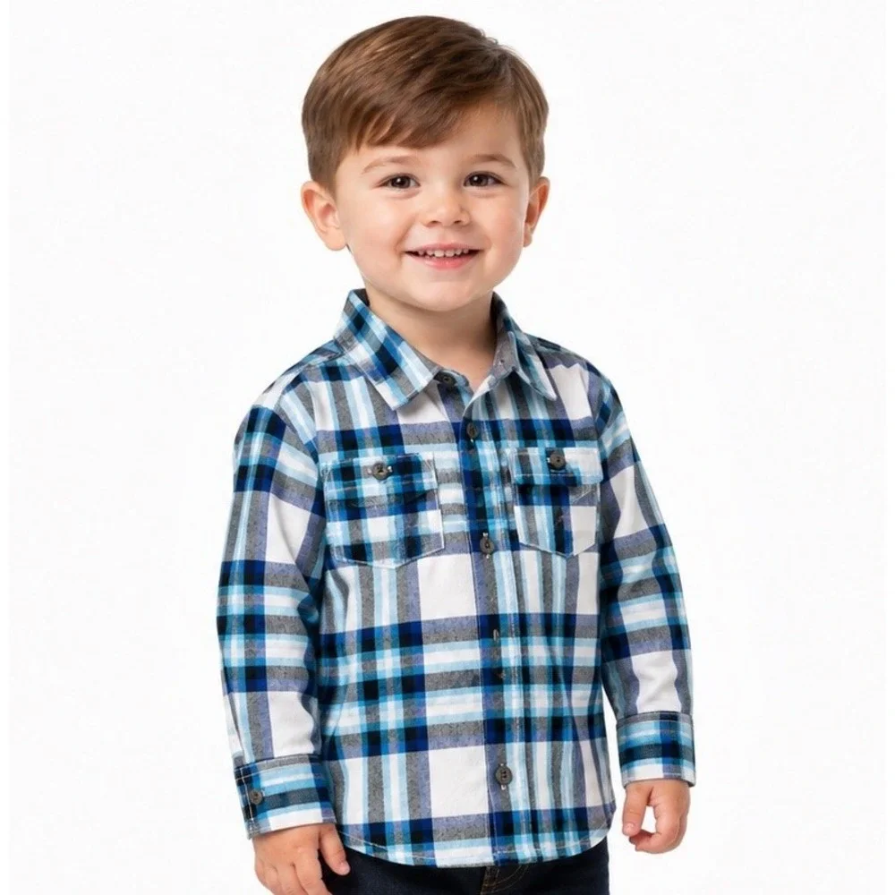 Gymboree Toddler Boys 3T Blue Gray Plaid Flannel Button Up Shirt Cotton NWT